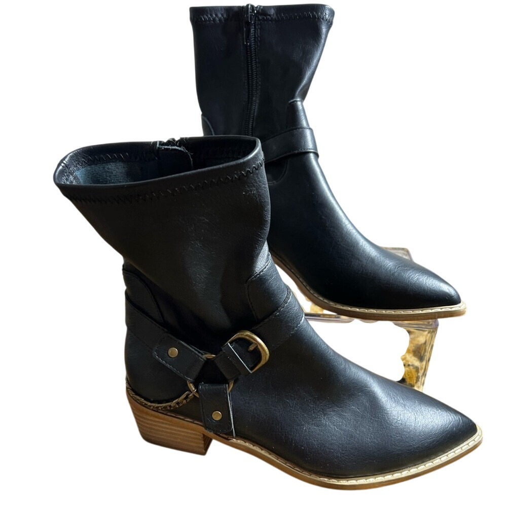 New Oasis society black mid‎ calf boots with brass hardware details. size 7.5.